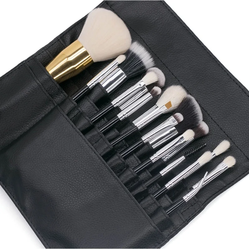 Professional Portable Brushes Organizer with Artist Belt Black PU Leather Makeup Cosmetic Brush Holder Bag