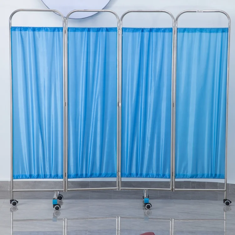 Medical Stainless Steel Movable Hospital Bedside Ward Screen 4 Panel Folds Ward Folding Screen With Wheels