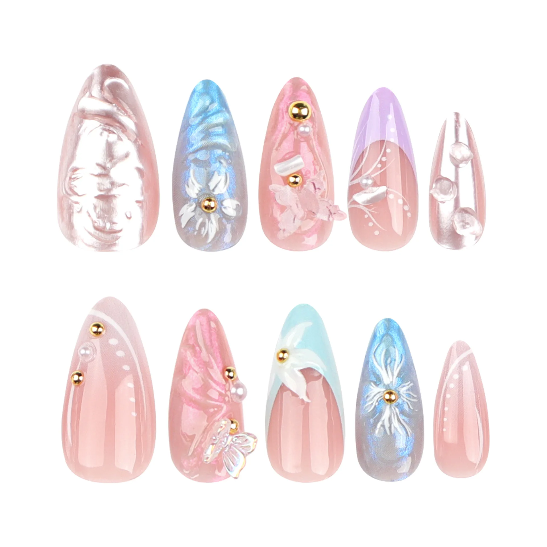 Glossy Gold Pearls  Almond Acrylic False Nails24Pcs 3D Flower Press on Nails Gel Glue on Nails 3D Full Cover Fake Nails