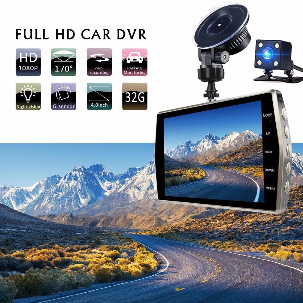 Amazon горячие продажи 4 дюйма HD Двойная Запись вождение автомобиля видеорегистратор 1080p с двумя камерами изображение заднего вида Автомобильный Черный Ящик dash cam