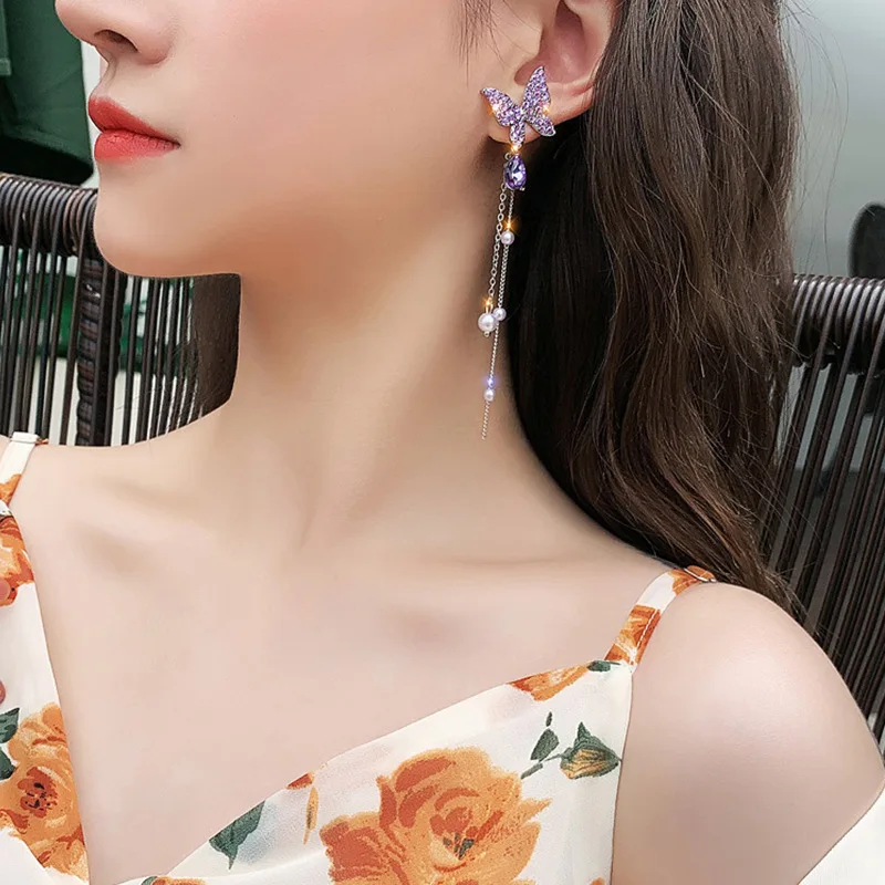 Fashion 925 Silver Needle Earrings Purple Diamond Butterfly Long Pearl Tassel Earrings