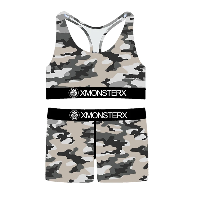 High Quality Camouflage Color Printed Fitness Sports Two Piece Women Polyester Girls Fitness Bra and Boxers Panties Set