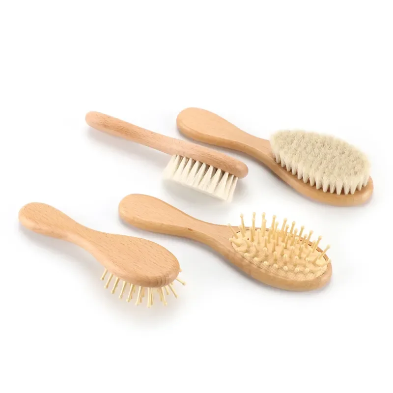 Customize LOGO Eco-friendly Wooden Baby Hair Brush for Newborn Baby Soft Wool Bristles Baby Brush and Comb Set