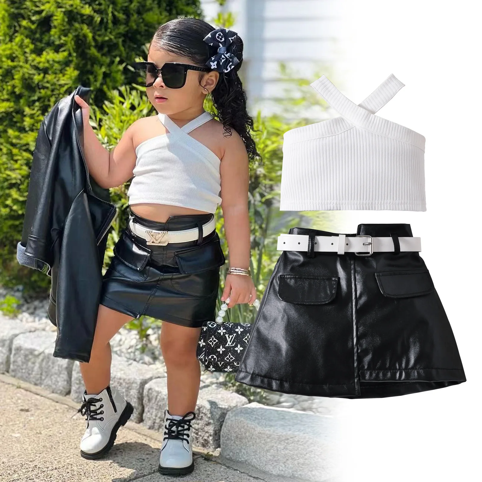 2024 New Hot Selling Child Girls Outfit Sleeveless Off Shoulder Solid Vest PU Leather A Line Skirt 2Pcs Kids Summer Clothes