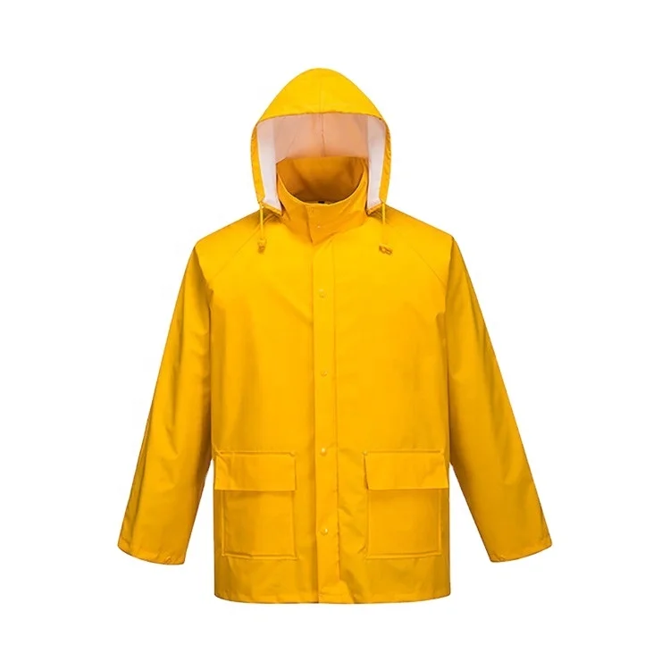 China Rain Wear Yellow Rain Coat Pvc PU Raincoat Mens Rain Jacket Hood