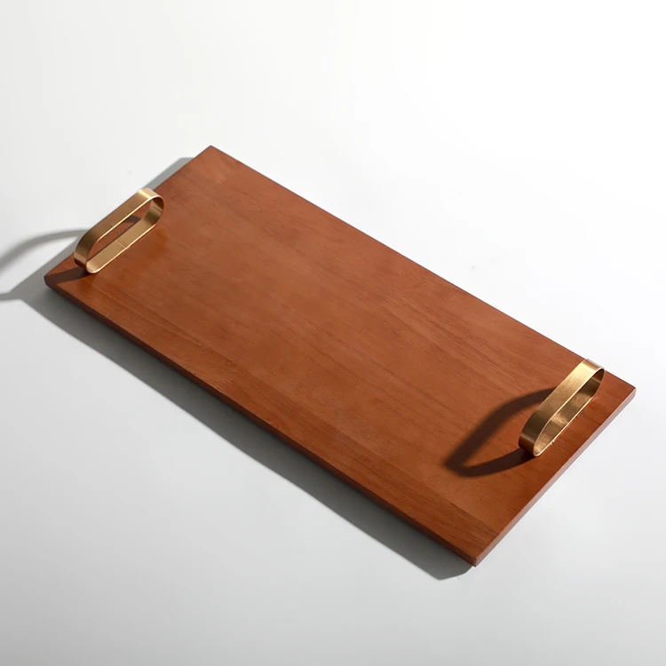 light luxury hotel accessories home decor restaurant centerpiece iron handle square wooden tray serving plate
