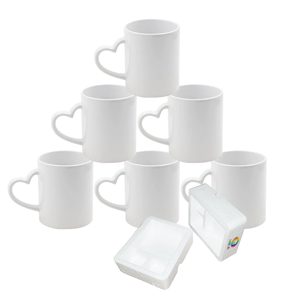 6 Packs 11oz Sublimation Blanks Dishwasher White Ceramic Mug with Heart Handle for Heat Transfer Printing DIY