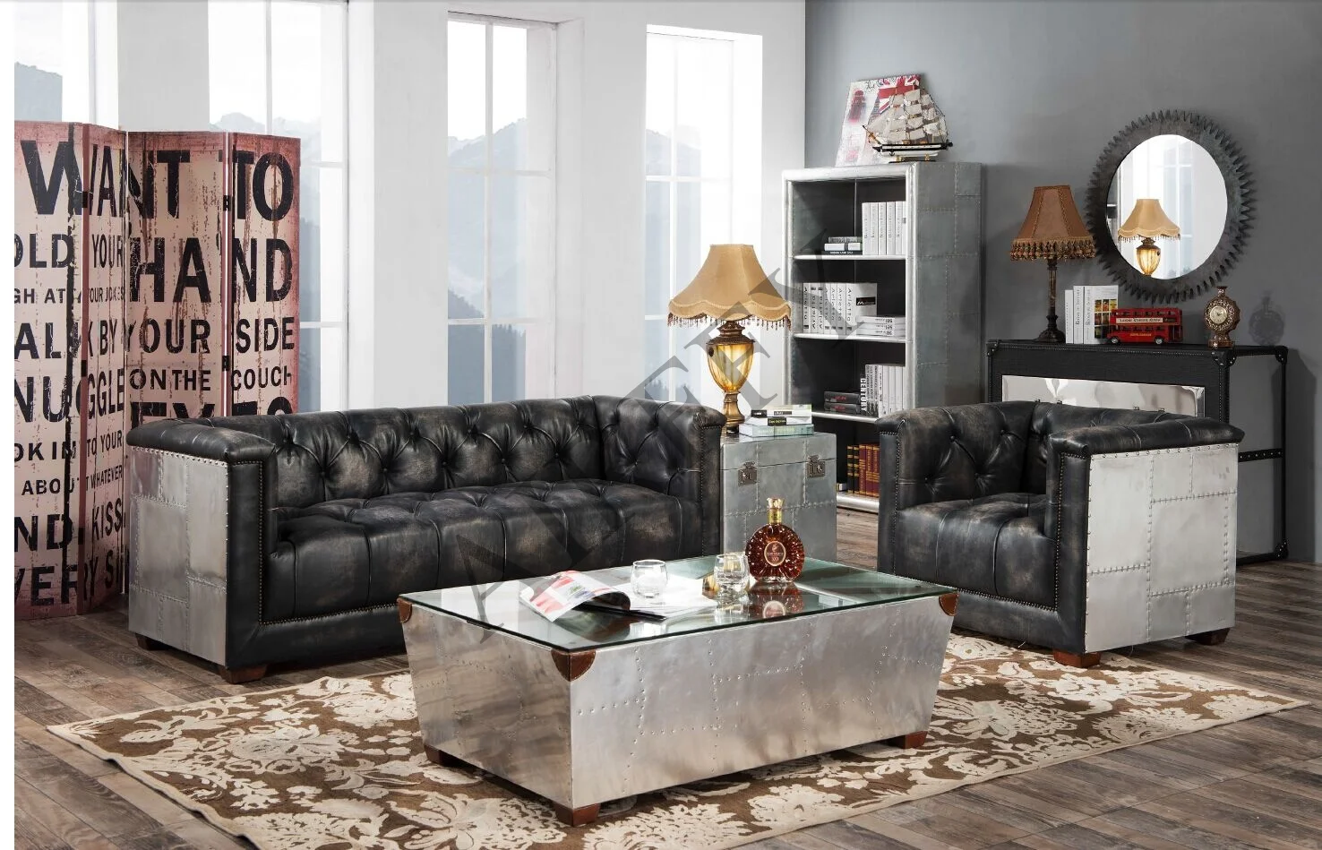 Vintage Antique Aluminum Covered Aviation Club Black Genuine Leather Chesterfield Sofa Set Furniture
