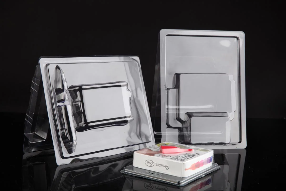 customizable blister tray plastic sliding card clamshell transparent packaging box with hanging hole for stationery