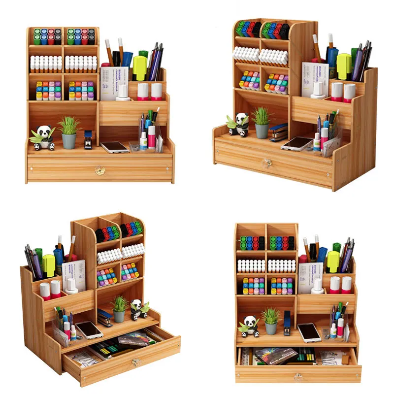 Creative Multifunctional Wooden Pen Holder Stationery Storage Box on The Desk Organize Box Student Storage