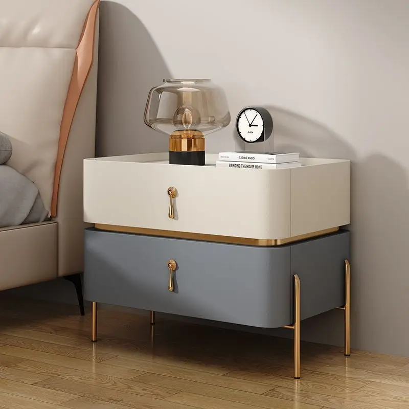 Italian Luxury Gold Metal Frame Durable Leather Beside Table Furniture Night Stand For Bedroom