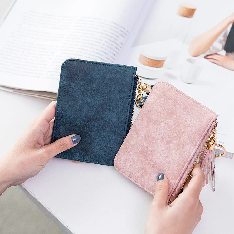 Custom Tassel Keychain Colorful PU Leather Full Grain Thin Leather Wallet For Women