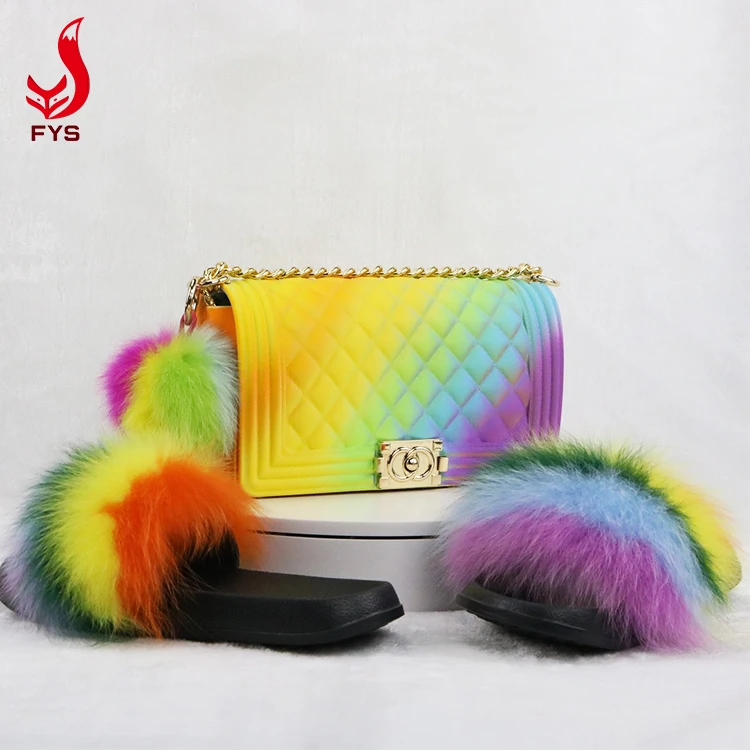 
Wholesale colorful rainbow jelly fox fur slippers matching handbag fur slides with purse set 