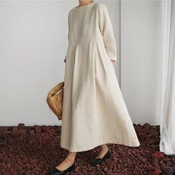 Wholesale stock 2022 new arrival elegant casual korean Japanese style organic plus size cotton linen womens long dresses