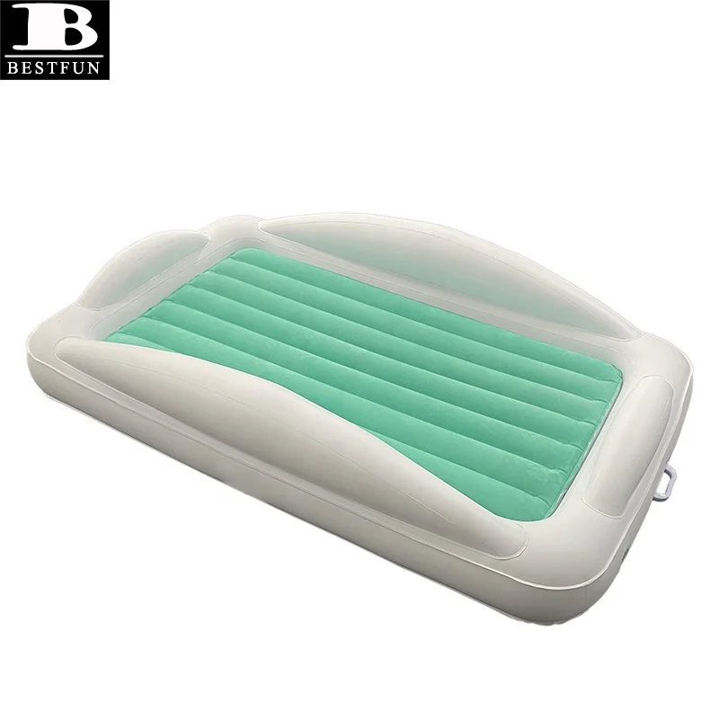 premium downy flocking surface inflatable toddler travel bed with 4-sided safety bumpers folding portable infant air mattress