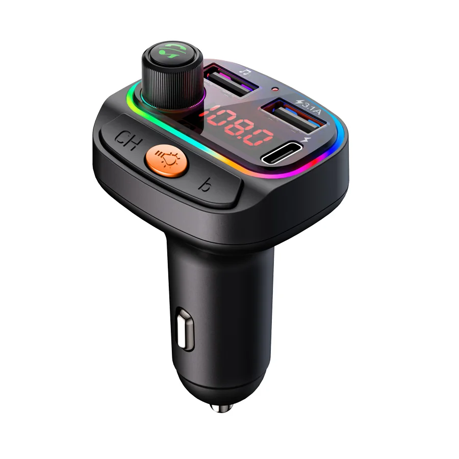 Bluetooth 5.3 USB Type c 3 ports colorful atmosphere light car fast charger with car MP3 player function wireless car charger