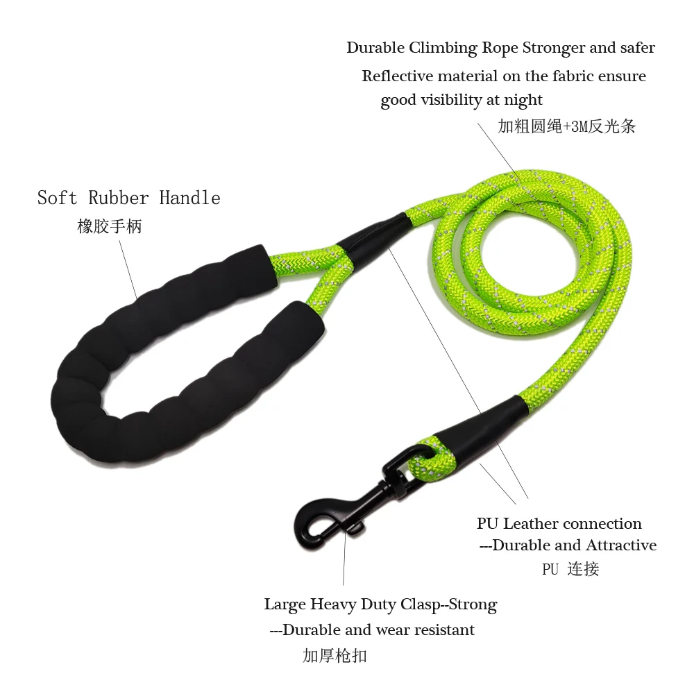 Wholesale 5FT Strong Heavy Duty Clasp Soft Rubber Handle Reflective Climbing Nylon Rope Dog Running Leashes