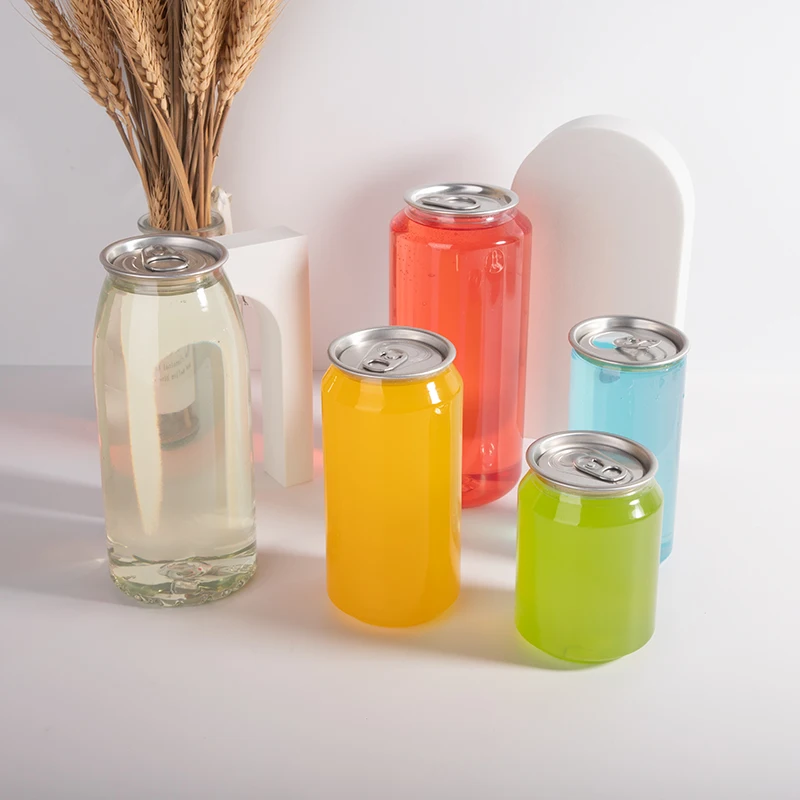 in Stock Easy Open 250ML-700ML Pet Plastic Beverage Cans 330ML-650ML Pet Soda Cans with Aluminum Lid
