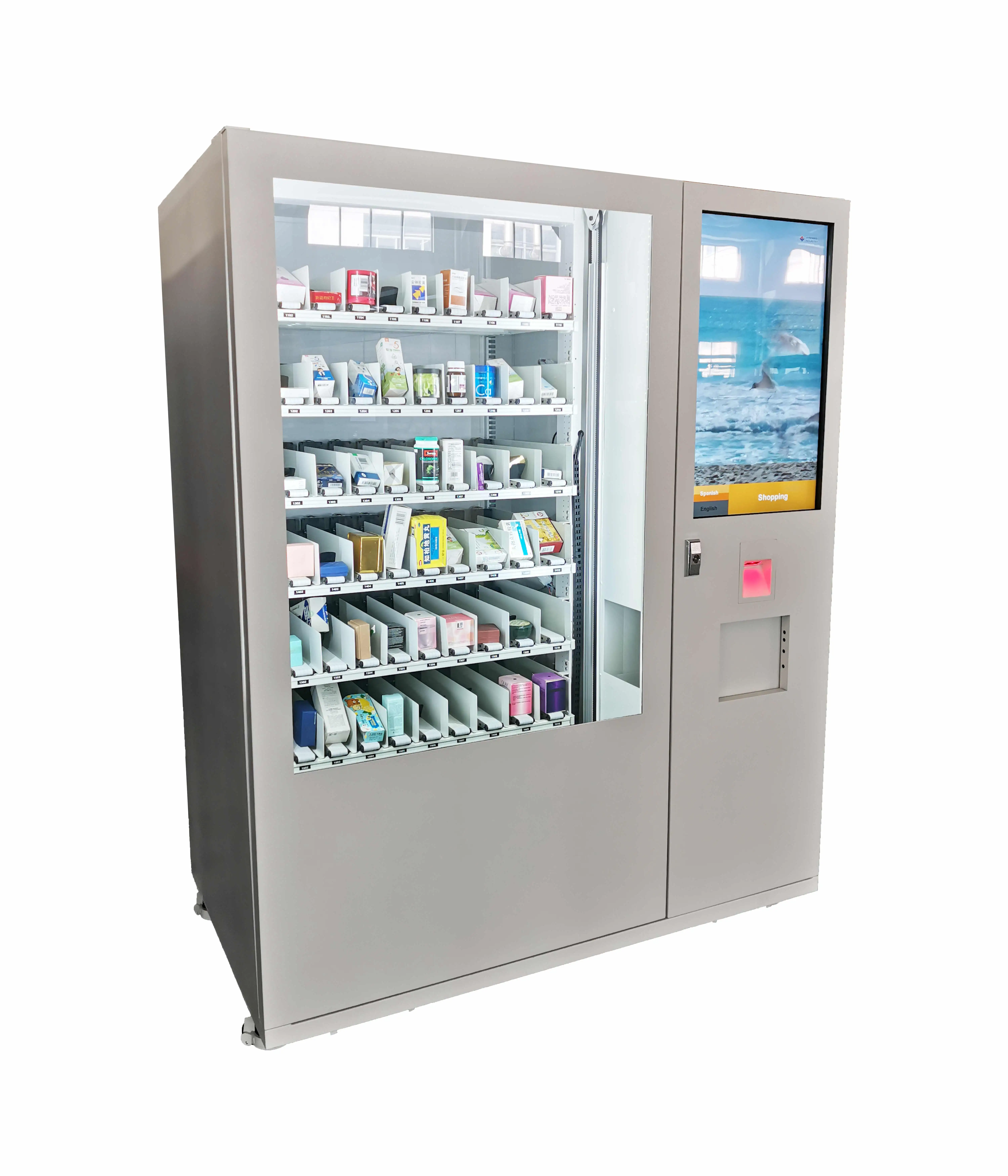 Outdoor use pharmacy medicine vending machine with back end office system software integration option