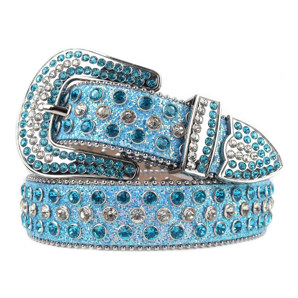 2021 Blue Rhinestone Belt Low Price Wholesale High Quality colorful cowboy  designer belts for studded belt women men