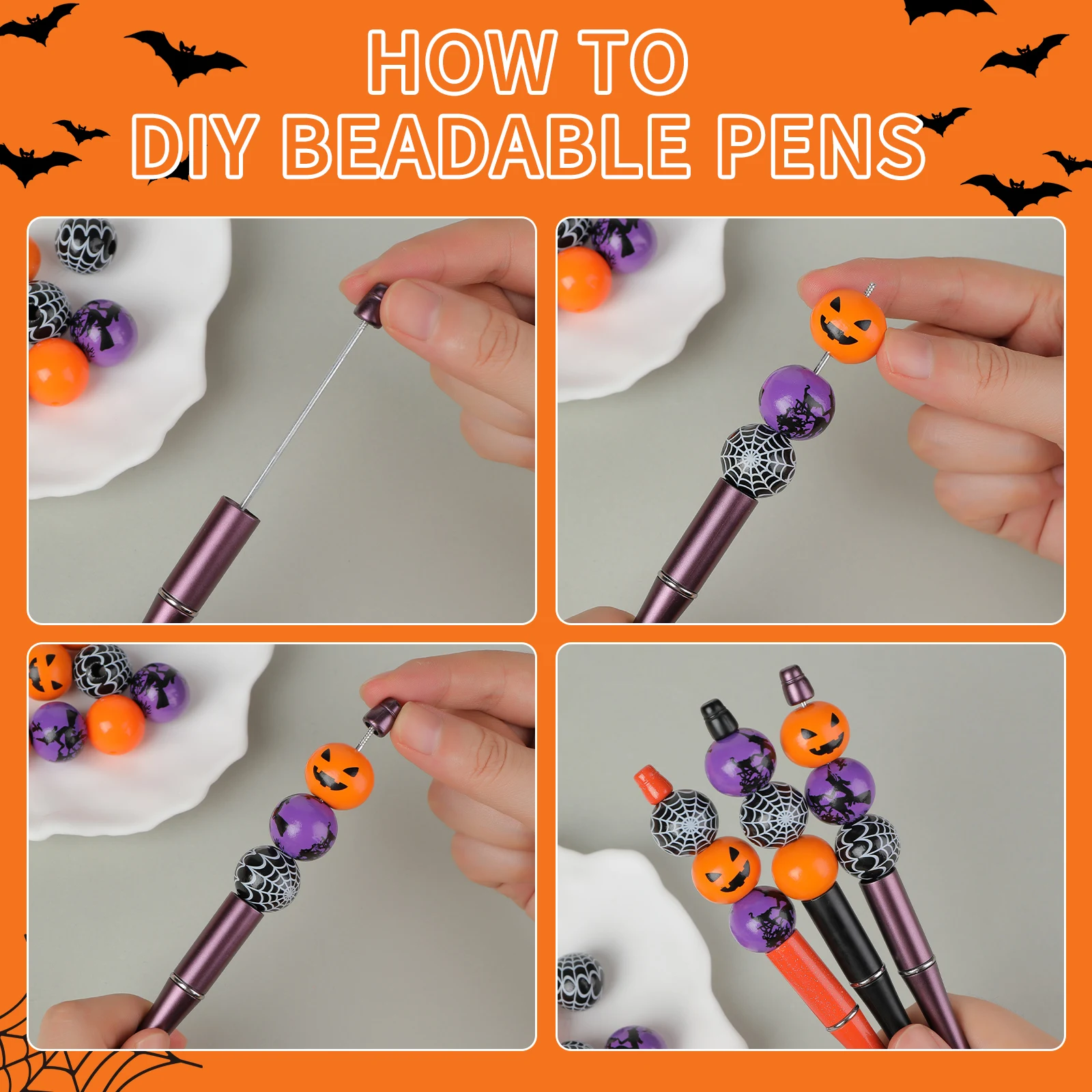 DIY Pumpkin Spider Kawaii Halloween Beadable Pens For Halloween Gifts School Office Supplies Plastic Bead Pens
