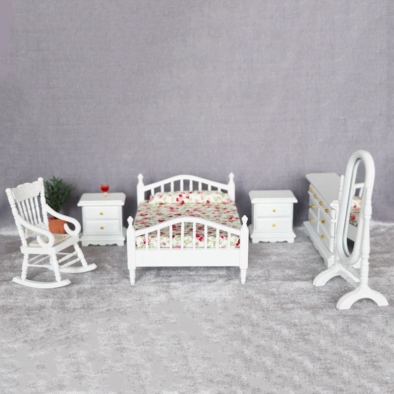 1:12 Mini Dollhouse Wooden Doll Furniture Model Decoration White Bedroom Miniature Furniture 6 Pieces Set