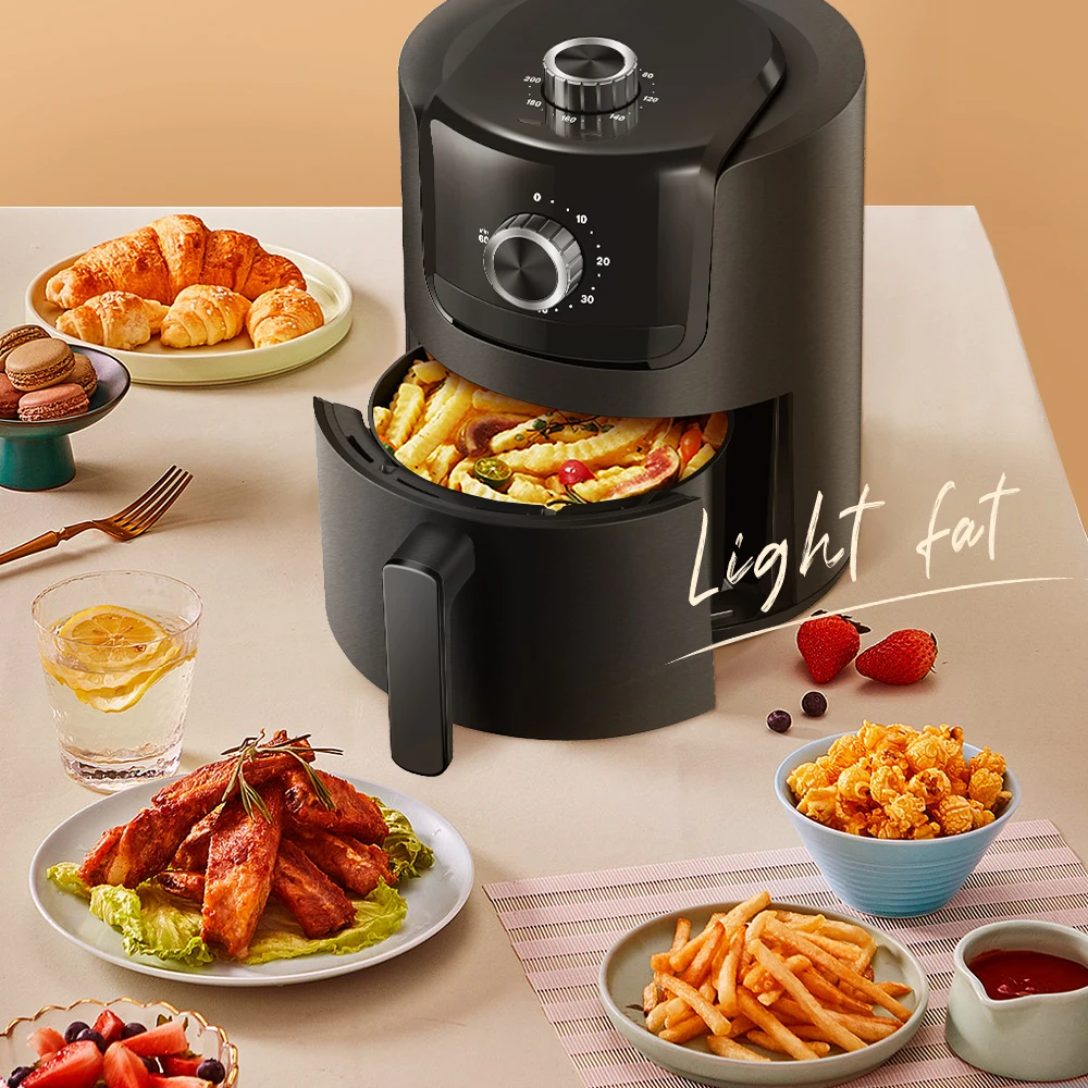 900W 2L Knob Control Multifunctional Electric Non-stick Air Fryers PTFE Round Oven Wi Fryers Oven with Mechanical Timer Black