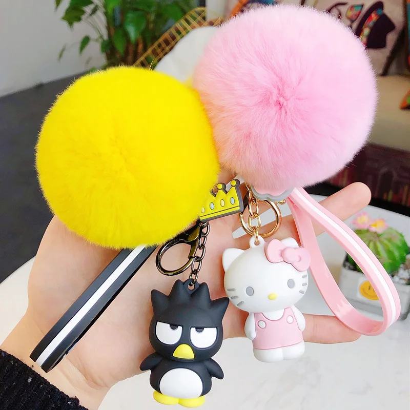 Cartoon Penguin frog rabbit keychains with fluffy rabbit fur ball key chain Women Girls bag pendant car keyring charm gifts
