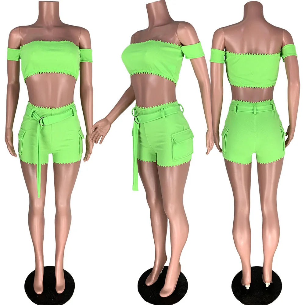 Fluorescent cargo sets with crop tops boat neck sexy belted pants women with pocket stylish x small women clothing 2 piece set