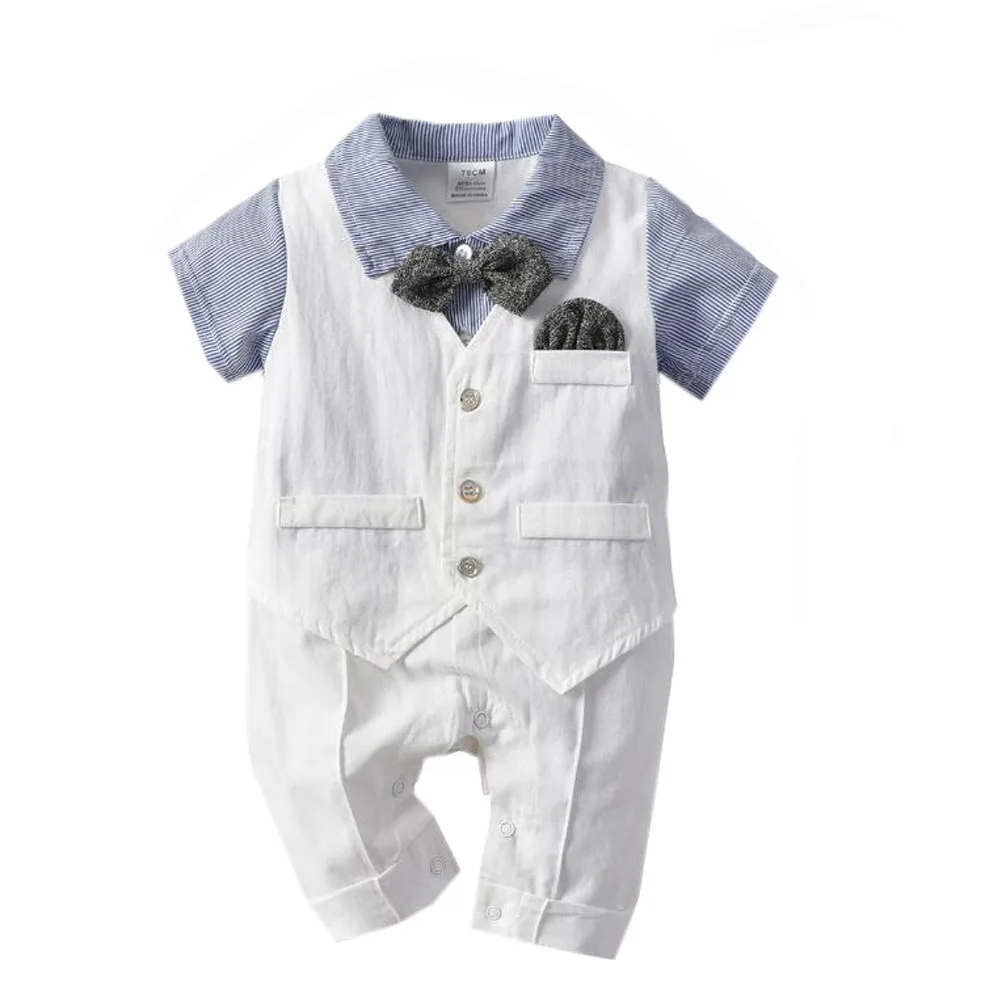 Cheap Summer White Romper Baby Boy Christening Dress Baby Romper Suit Baptismal Striped Baby Clothes Rompers