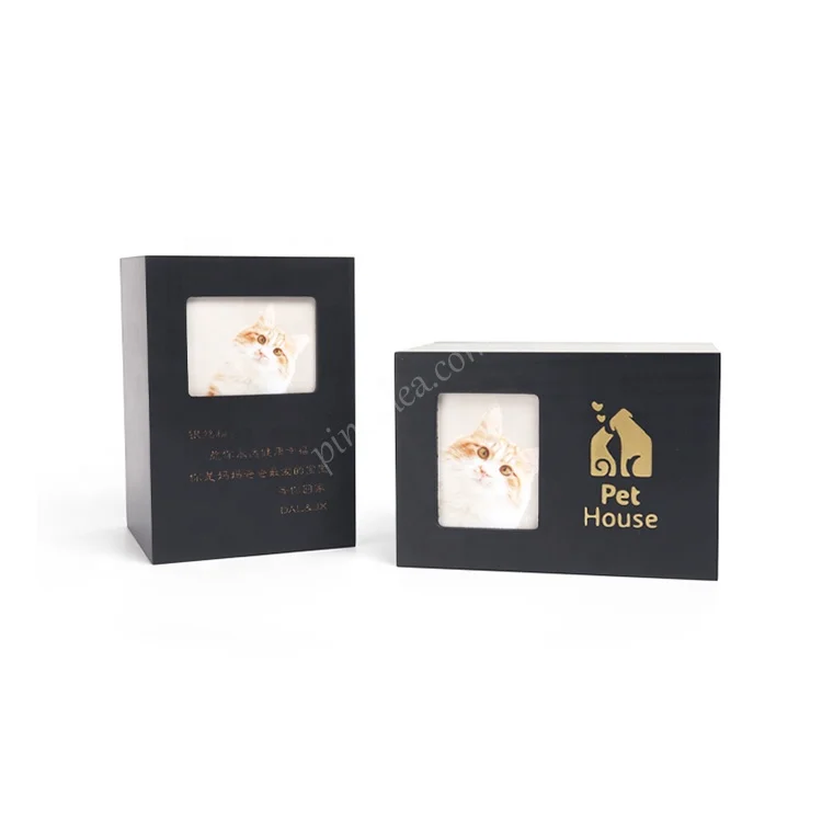 Wholesale low price radium carving picture and text style with photo frame pine pet cat and dog cremation ashes wooden box