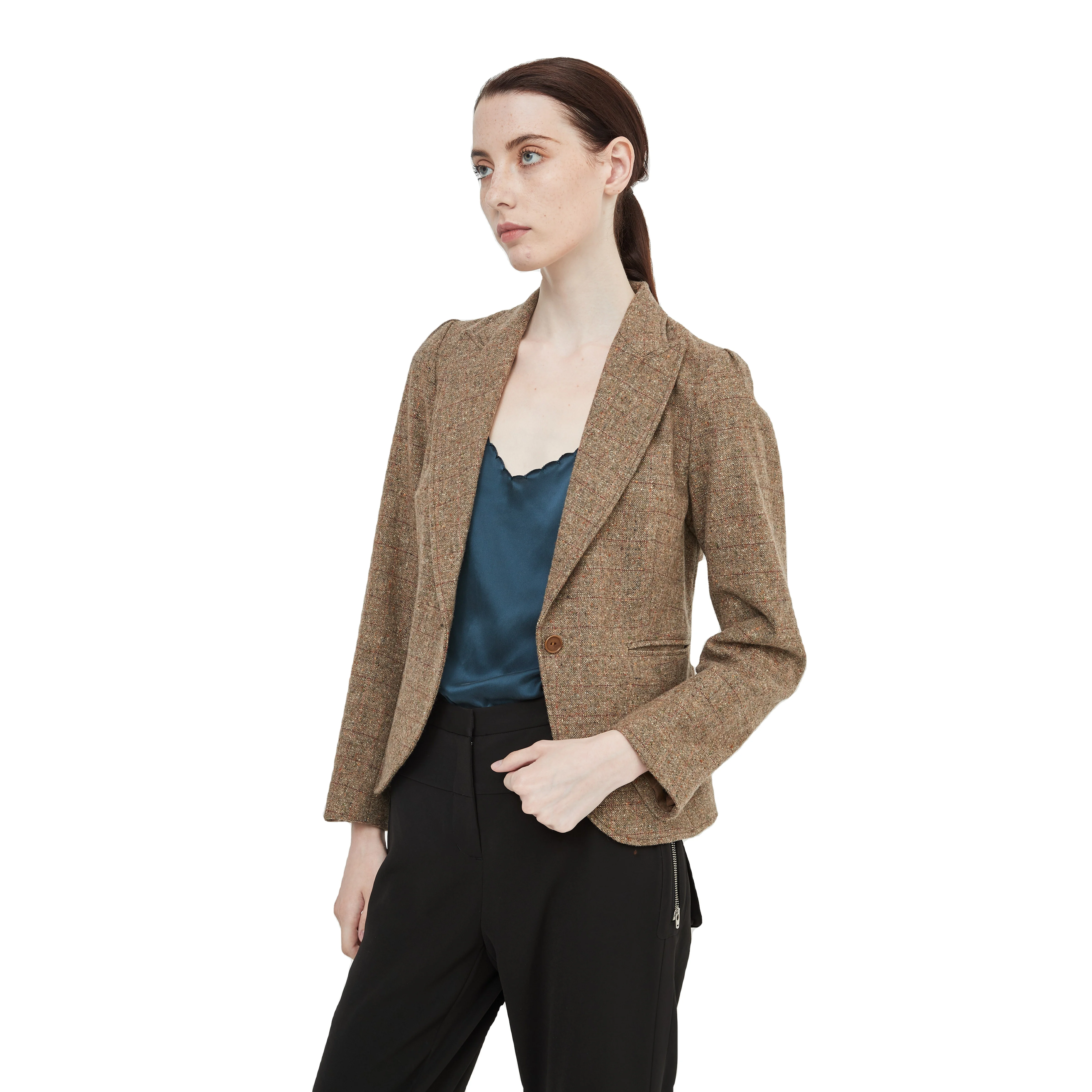 New design turkey tweed women Lapel short fitted blazer long sleeve jacket scrub suit