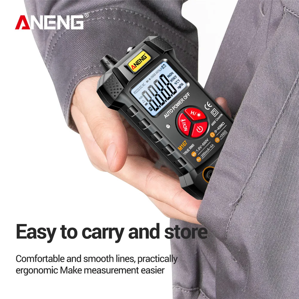 ANENG M167 Digital Mini Multimeter Tester Auto Multimetro True Rms Tranistor Meter with NCV Data Hold 4000counts Flashlight