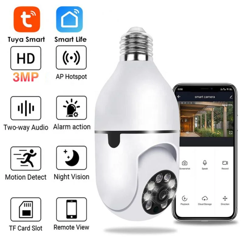 Tuya Smart life Home 3MP WiFi Auto Track Light Bulb Socket Surveillance Camera Wifi Bulb E27 Security Camera