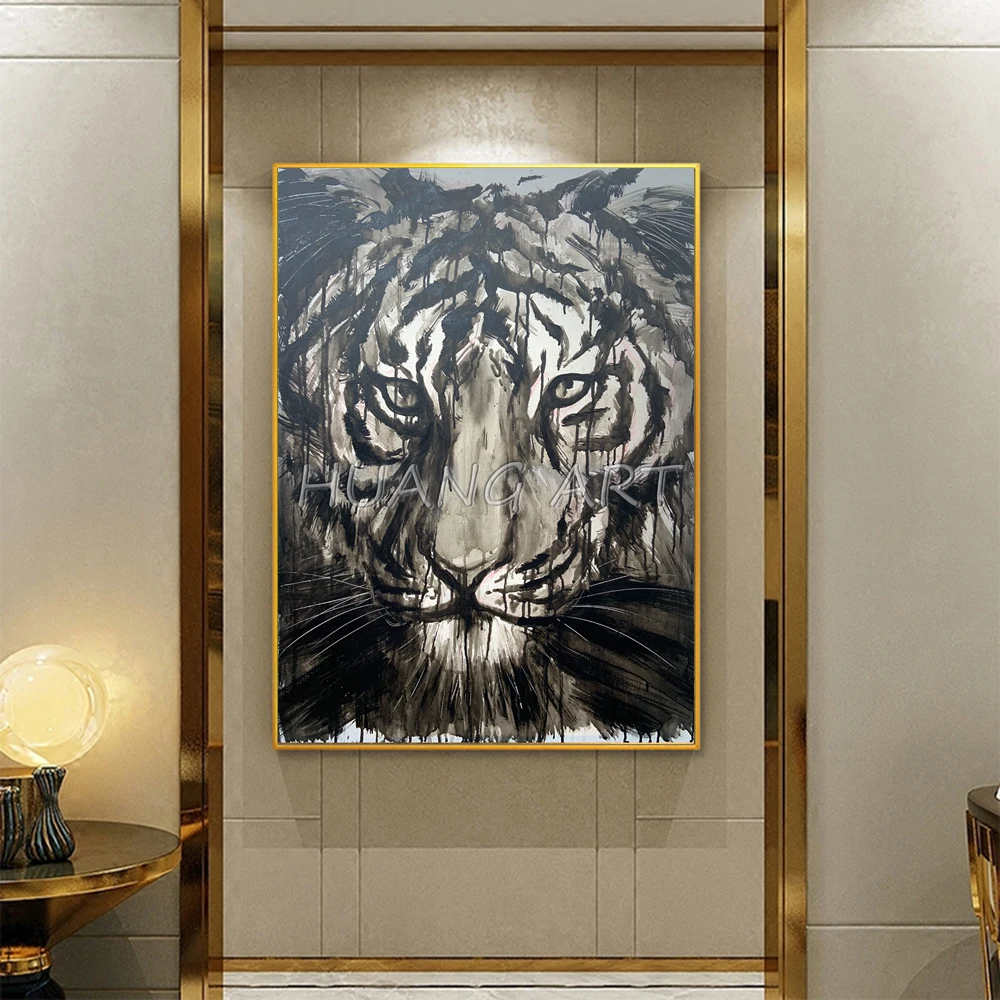 New Arrival Original Artwork Tiger Oil Painting for Room Decor Hand-painted Animal Wall Painting Black and White Tiger Painting