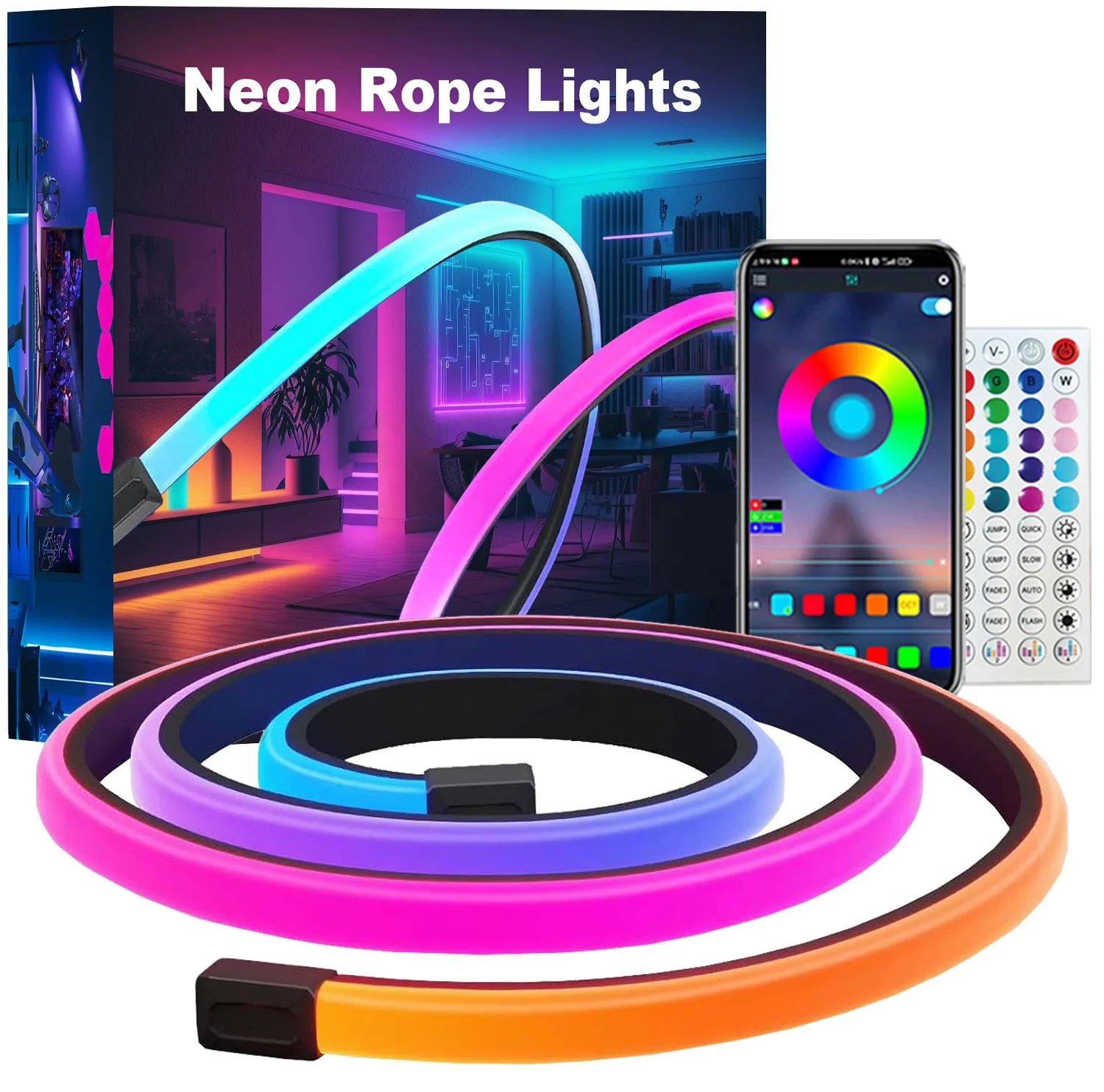 16.4FT 333FT 50F Dazzling Colors LED Rope Light with App Remote Control Multiple Modes DIY T RGB IC Neon Lights for Living Room