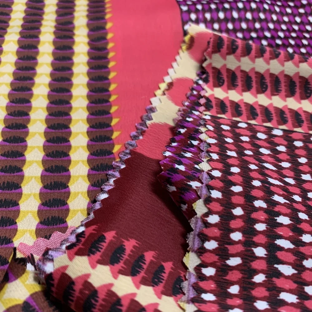 2024 Colorful Print Design 97%Polyester 3%Spandex French Crepe Satin Woven Fabric For Women Evening Dresses