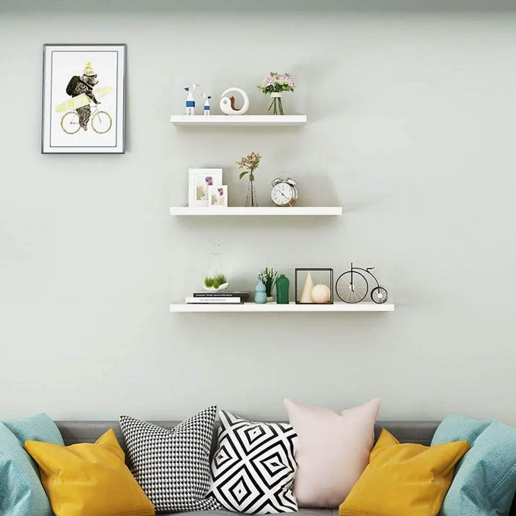 Floating Shelves White Wall Mounted,Wood Wall Shelves for Wall Display Set of 3 Floating Shelves with Brackets,White