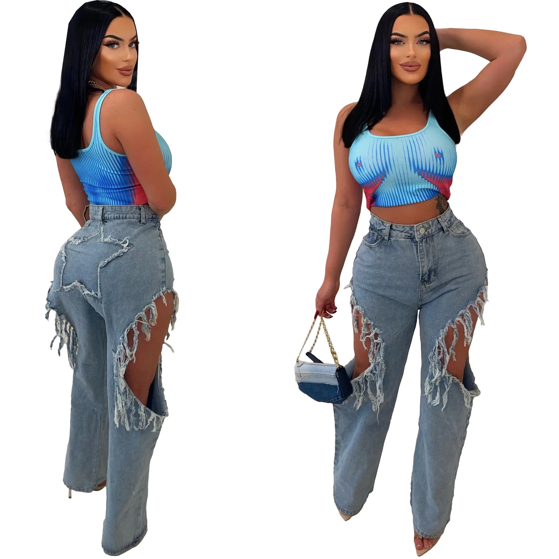 High Waist Hollow Out tassel Jeans trousers Ins Hot Style straight Denim Pants For Women 2023