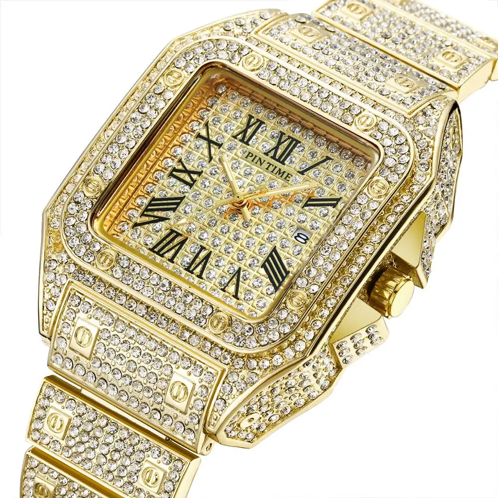 Dropshipping Square Watch Men Hip Hop Iced Out Mens Watches Top Brand Luxury Gold Quartz Clock relogio masculino reloj hombre