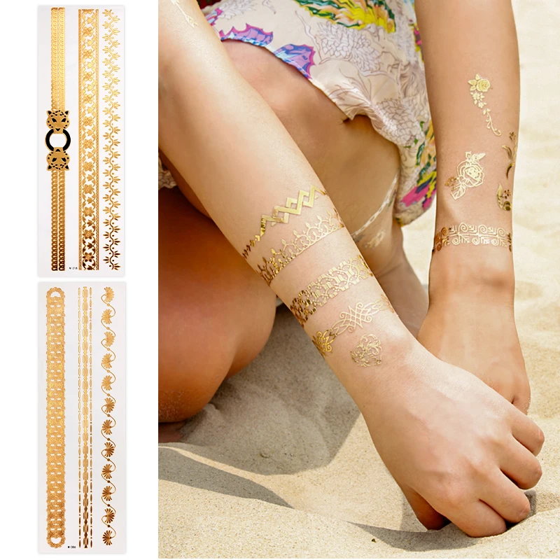 Beauty sticker Gold metallic tattoos Nice metallic shine and these metallic temporary fake tattoos will stay on for several days