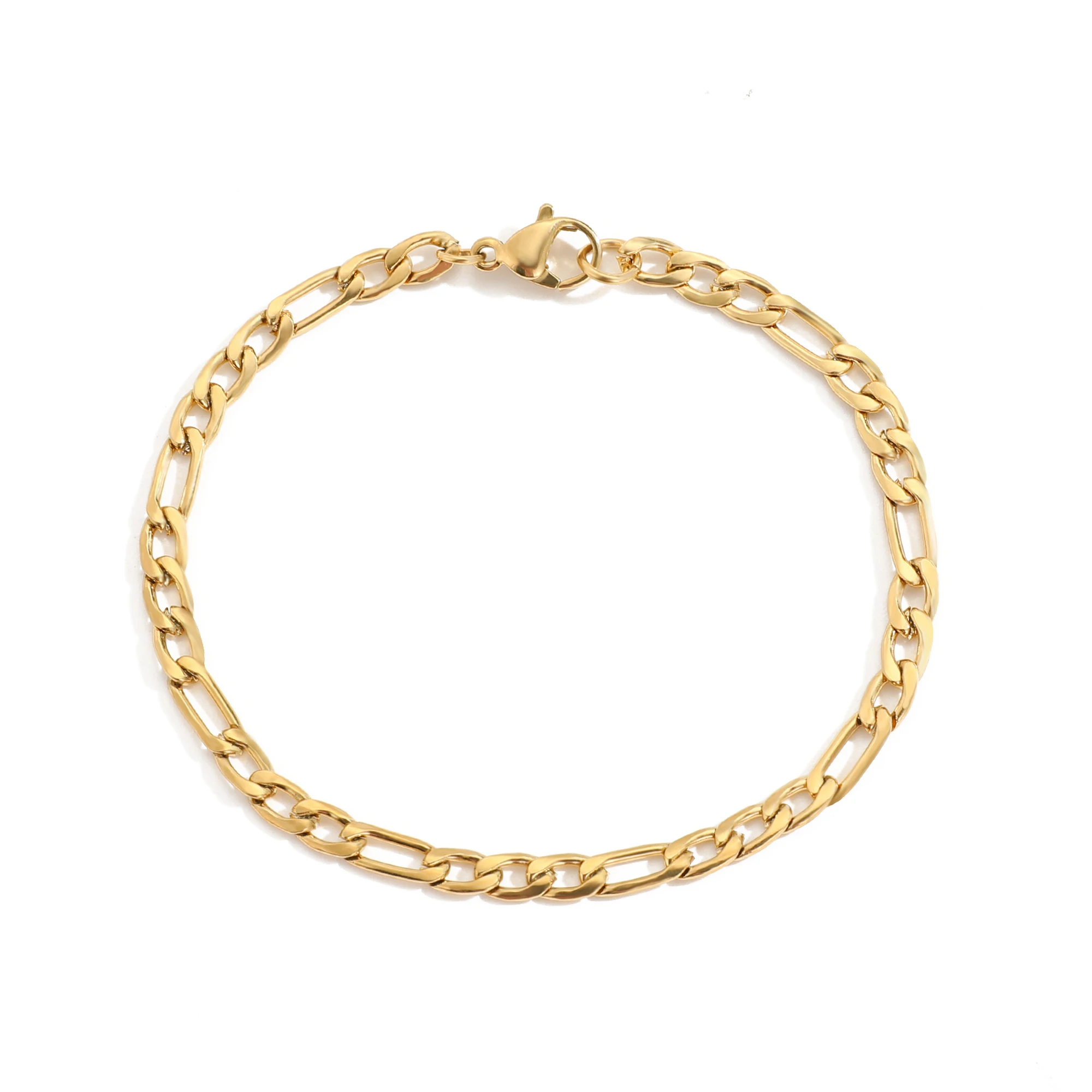 Simple 316L Stainless Steel 14K Gold Plated 4MM Wide 19cm Length Figaro Chain Link Chain Bracelet Jewelry