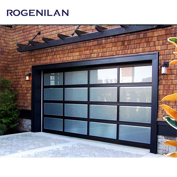 ROGENILAN Commercial Cheap Aluminum Alloy Exterior Frosted Glass Modern New Black Sectional Panel Garage Door For Homes