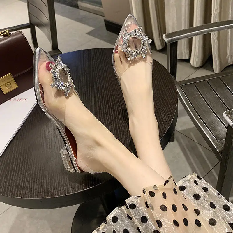 Luxury Plus Size 41 42 43 Bridal Shoes Transparent PVC Crystal Flat High Heel Pointed Toe Hard-Wearing Leather Insole Summer