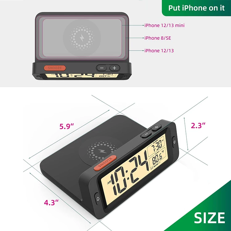Fullwill Digital Alarm Clock Rohs with Wireless Charging Led Alarm Digit Clock Dimmable Display