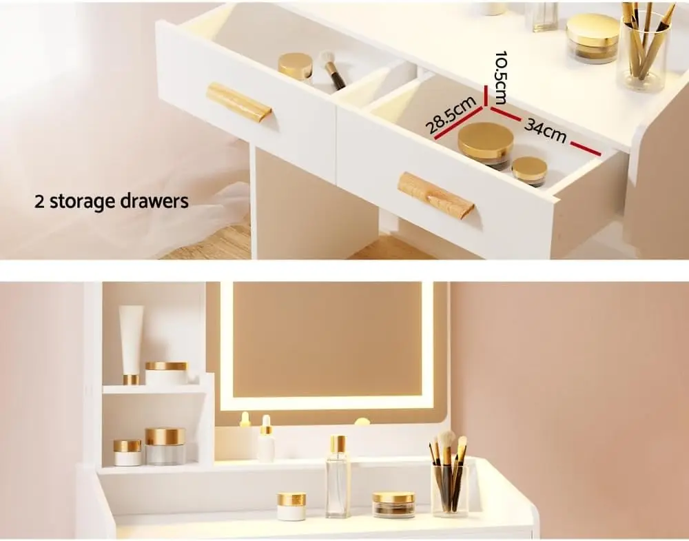 White Dressing Table LED Mirror Makeup Stool Set Wooden Vanity Desk Chair For Home Bedroom