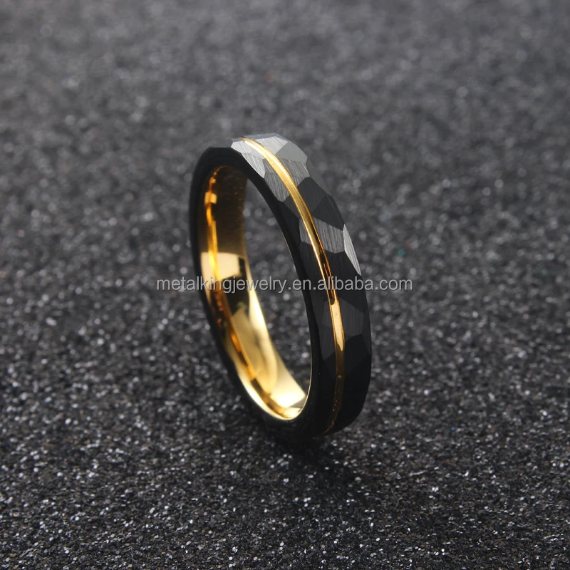 Hammer Tungsten Ring,Black and Yellow Gold, 4mm Women Wedding Band Engagement Ring