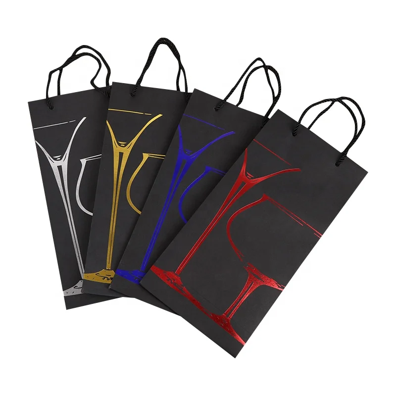 Factory direct sale black wine bags with handles Wholesale two bottle pack red wine paper bag