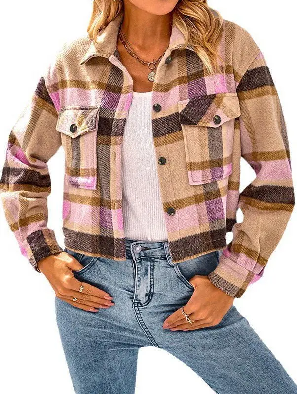 Loveda Wholesale Winter Outdoor Button up Cropped Plaid Shacket Long Sleeve Fleece Jackets Women Teddy Coat