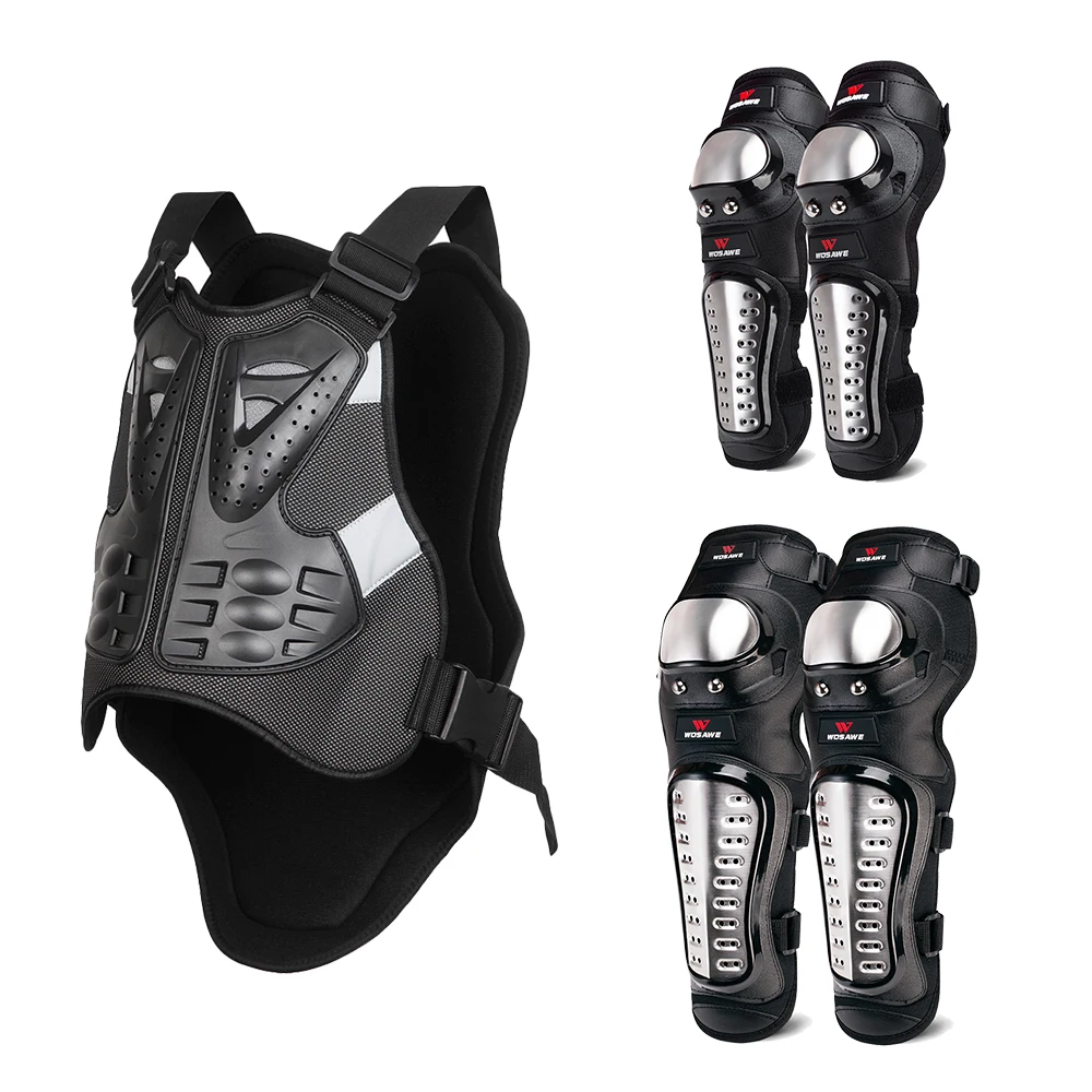 WOSAWE Motorcycle Vest Armor Stainless Steel Knee Pads Elbow Guard Set Snowboarding Skate Motocross Racing Off-road Protection